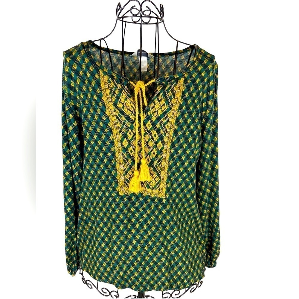 CHRISTOPHER & BANKS Green and Gold Boho Top with Tassels Women’s Size Medium